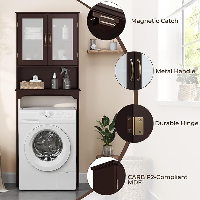 Yaheetech Over The Toilet Storage Cabinet, Free Standing Toilet Rack with Adjustable Shelves and Tempered Glass Doors for Bathroom Washroom, Espresso