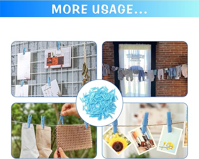 100PCS Blue Plastic Clothes Pins for Boy Baby Shower Games, DIY Crafts, Photos - 1.35 Inch Small Mini Pins, Tiny Clips for Laundry & Picture Displays Gender Reveal Party Decorations