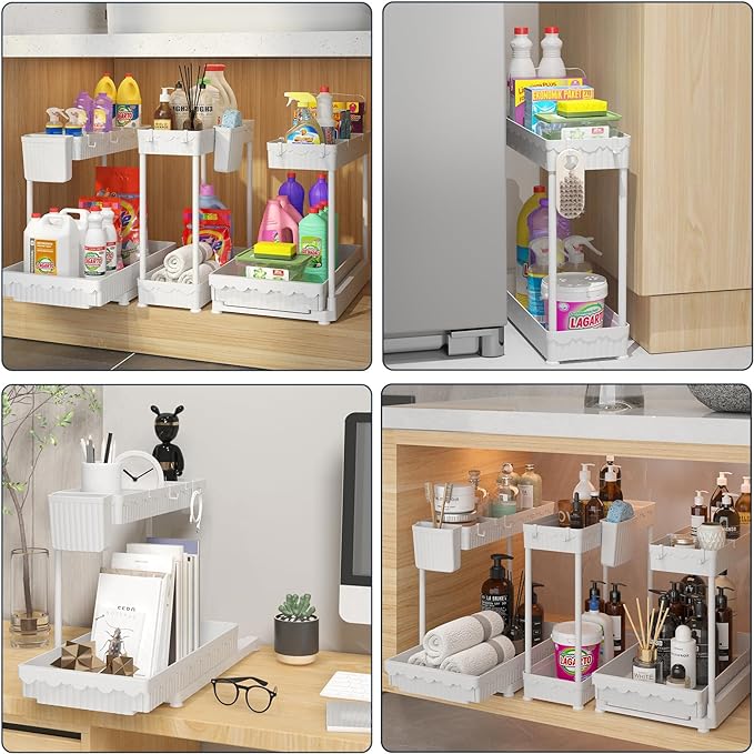 3 Pack Multi-Purpose Under Sink Organizers and Storage, 2026 L-Shaped Pull Out Cabinet Organizer for Bathroom & Kitchen, Under Cabinet Organizer with Hooks Hanging Cup, White
