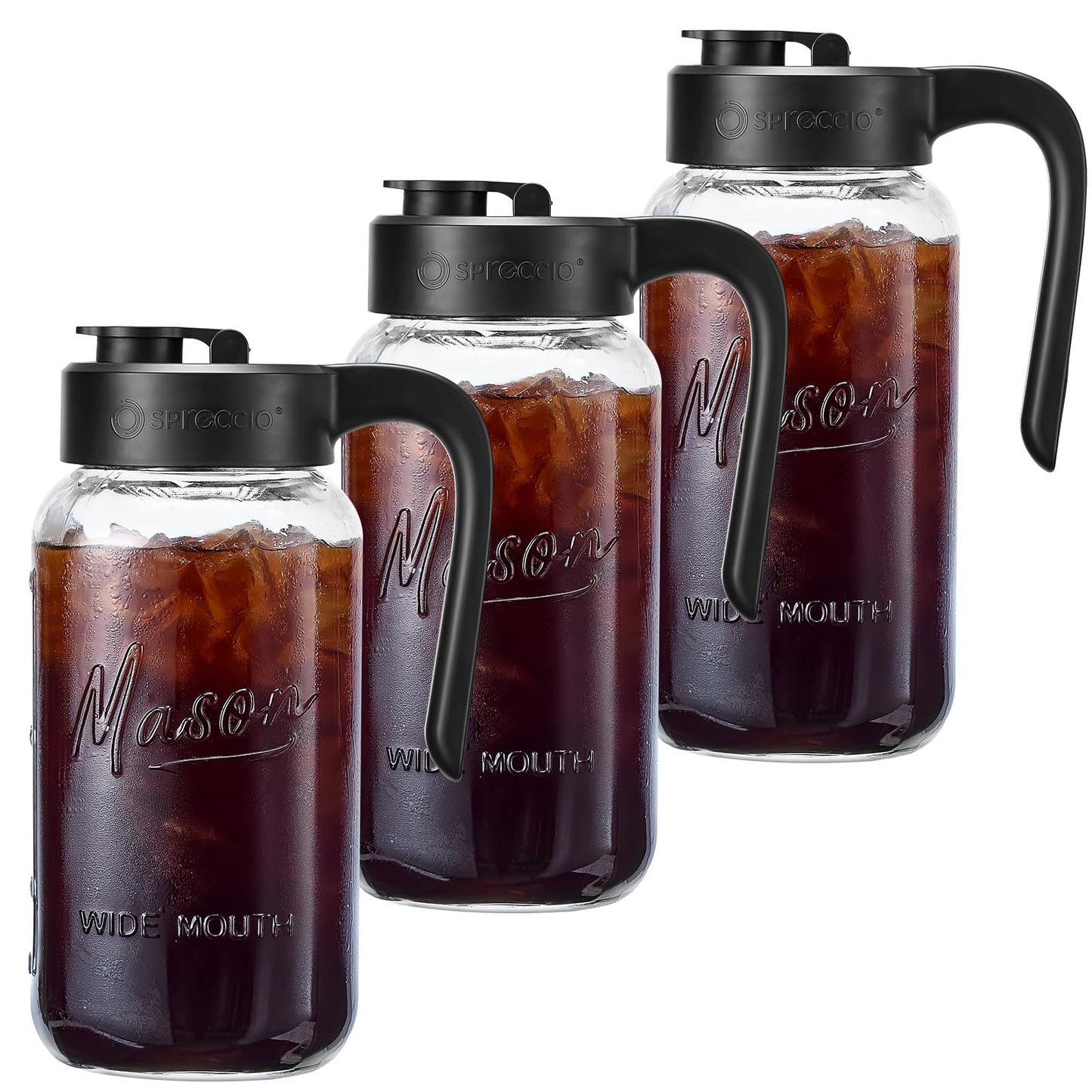 Spreccio Mason Jar Pitcher, 2 pcs 64 oz (2 quart), Glass Pitcher with Lid