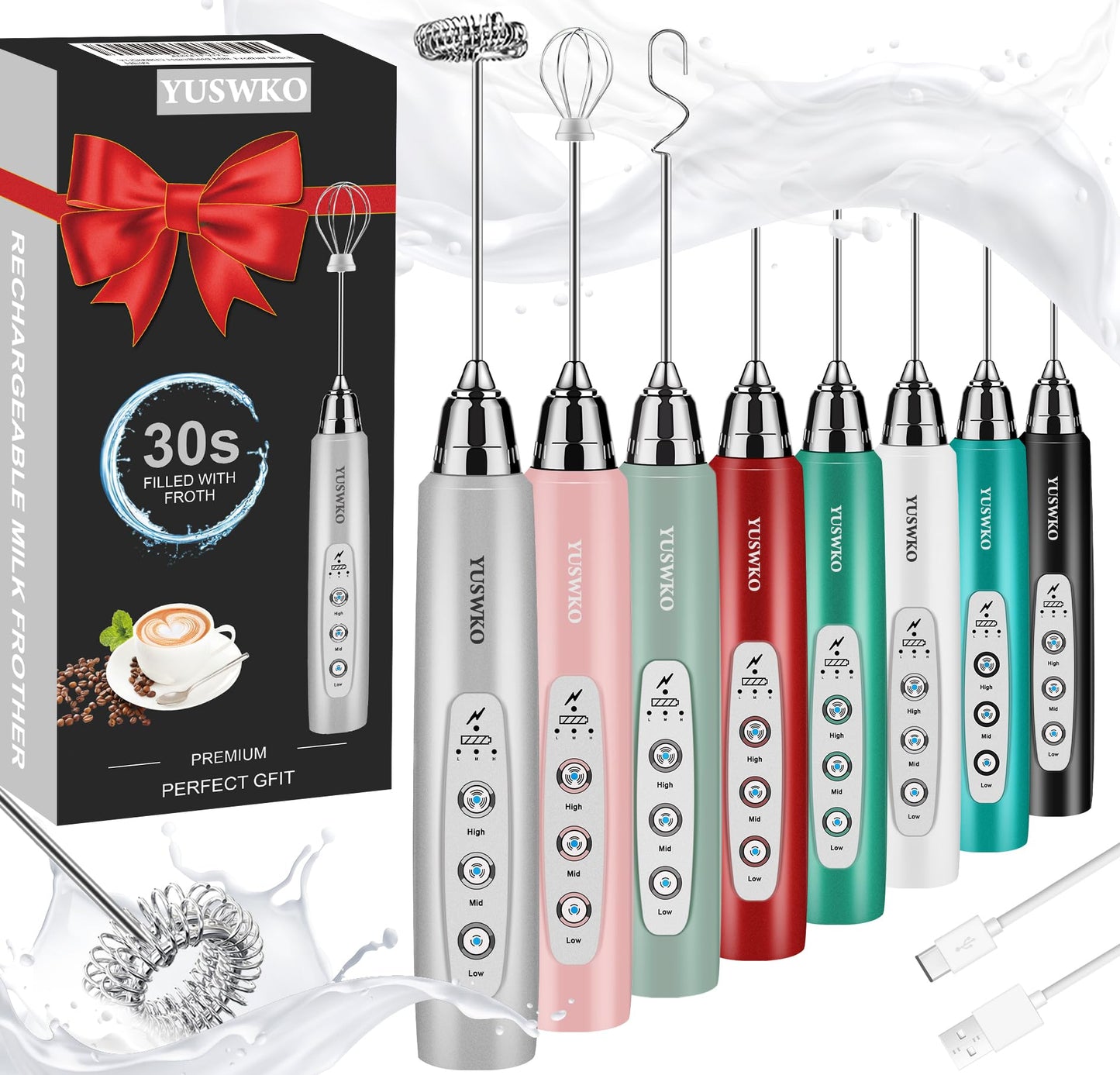 YUSWKO Handheld Milk Frother Wand for Coffee, Rechargeable Electric Whisk with 3 Heads 3 Speeds Drink Mixer Coffee Frother For Latte, Cappuccino, Hot Chocolate, Egg, Beige