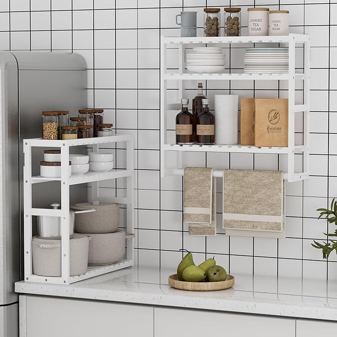 PPN Towel Rack Bathroom Storage Shelves Over The Toilet with Towel Bar 100% Bamboo Adjustable Height Floating Shelf Wall Shower Shelf for Small Space Bathroom Kitchen Multi Usage (White-1Pack)