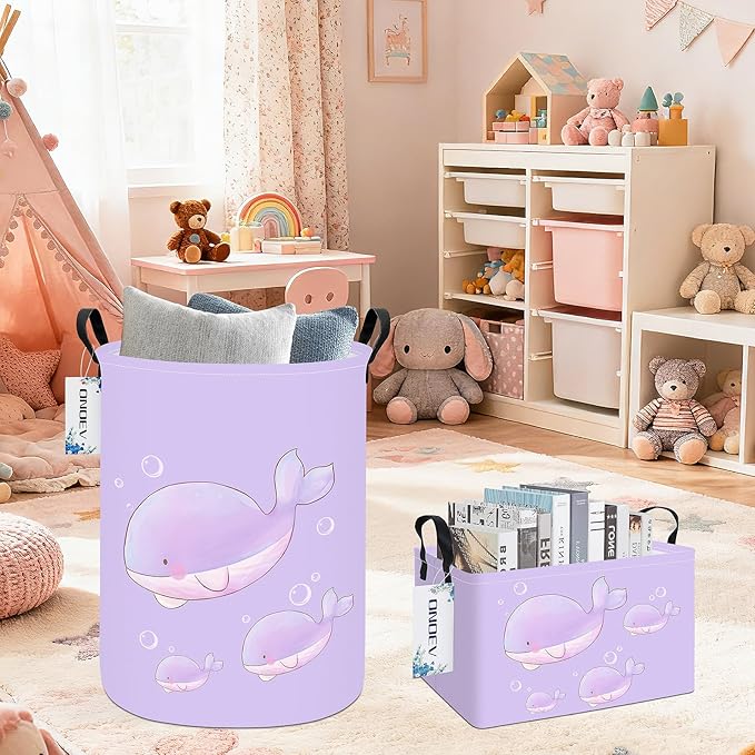 Round Foldable Girls' Storage Basket Kids Laundry Hamper Purple Gift Basket Suitable For Home Decoration and Toy Storage(Purple Whale)