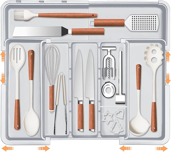 Spaclear Large Utensil Drawer Organizer Expandable Silverware Organizer for Kitchen Drawer Adjustable Cooking Utensil Holder Cutlery Flatware Tray Spatula Tools Gadgets Storage Dividers Plastic Pink