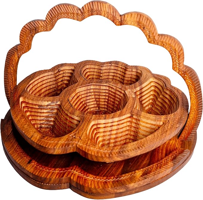 Morefordecor Handmade 18″ Collapsible Wooden Basket, 6-Compartment Paisley Design in Himalayan Rosewood – Fruit Basket, Bread Bowl & Trivet – Folds Flat for Easy Storage – Unique Centerpiece & Gift
