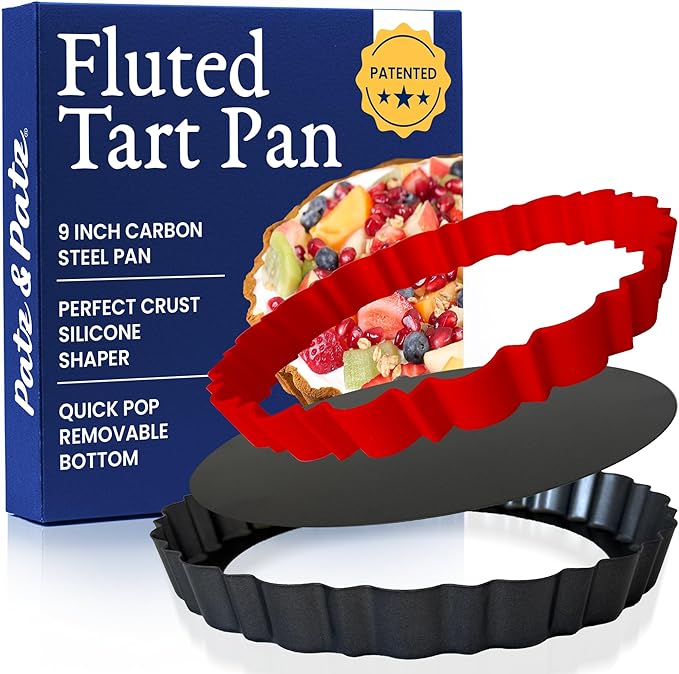 Patz&Patz Classic Tart Pan 9 Inch Removable Bottom with Patented Silicone Crust Shaper | Nonstick Carbon Steel Quiche Baking Dish, Fruit Tart Molds for Baking, Quiche Pan & Pie Mold - PFOA & PTFE-Free