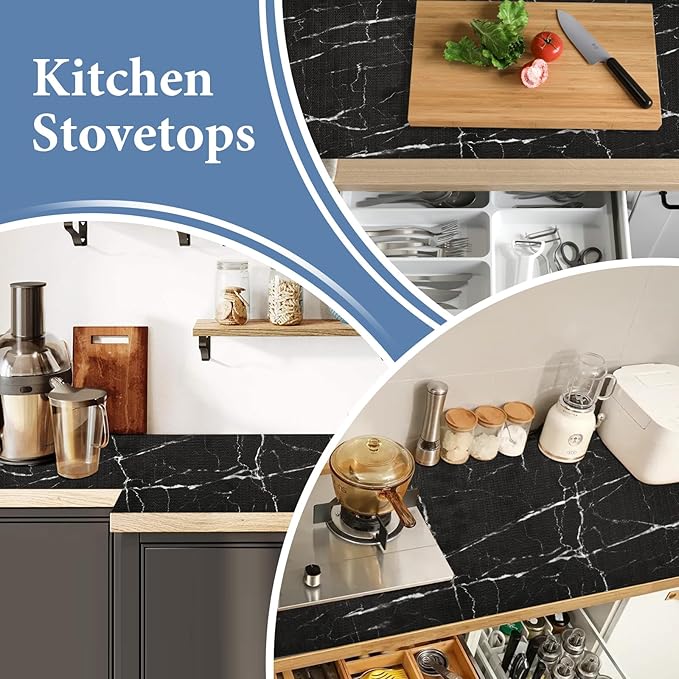 Drawer and Shelf Liner for Kitchen Cabinet: 23 in X 20 Ft Non Slip Waterproof Shelf Paper Non Adhesive Refrigerator Liners Black Marble Easy Liners for Bathroom with Knife Tape Measure