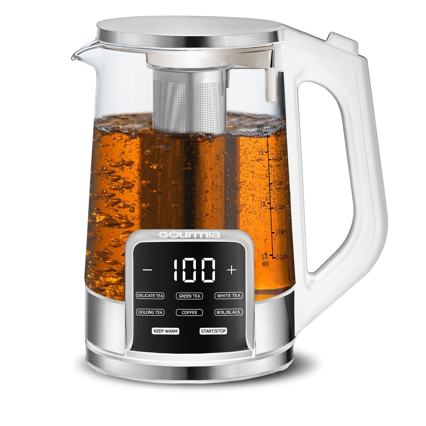 Gourmia Electric Glass Kettle – 1.7L Programmable Tea & Coffee Brewer with Digital Touch Display, 6 Presets, Removable Stainless Steel Infuser, Cordless with 360° Swivel Base, Peach