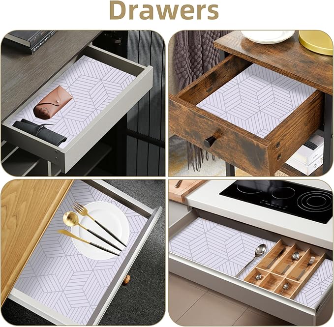 Shelf Liners for Kitchen Cabinets 12in x 20FT, Non Adhesive Cabinet Liner Strong Non-Slip Thickened Silver Geometric Easy to Clean for Shelf, Cabinet, Refrigerator with Knife and Tape Measure
