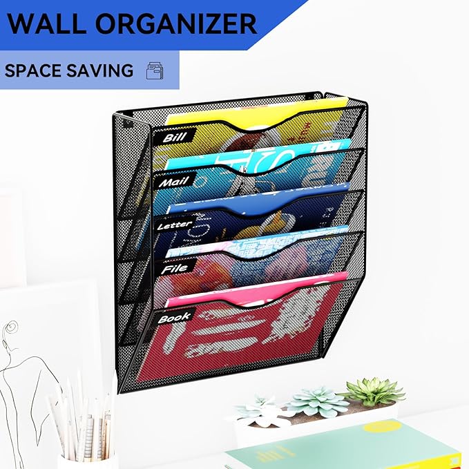 5 Pockets Mesh Hanging Wall File Holder Organizer Wall Mounted Paper Magazine Rack, Black