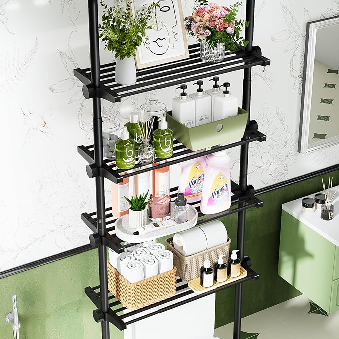 Bonpally Over The Toilet Storage Shelf, 4-Tier Adjustable Bathroom Organizer, No Drill Tension Mounted Shelves, Space-Saving Bathroom Cabinet Rack Above Toilet for Small Rooms, Black