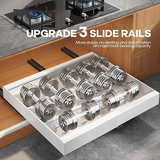 4 Pack Expandable Width (15.15"-26.3") Pull Out Cabinet Organizer 21" Deep with Raising Pad for Framed Cabinets, Upgrade 3 Slide Rails Slide Out Drawers, Roll Out Shelves Adhesive, White