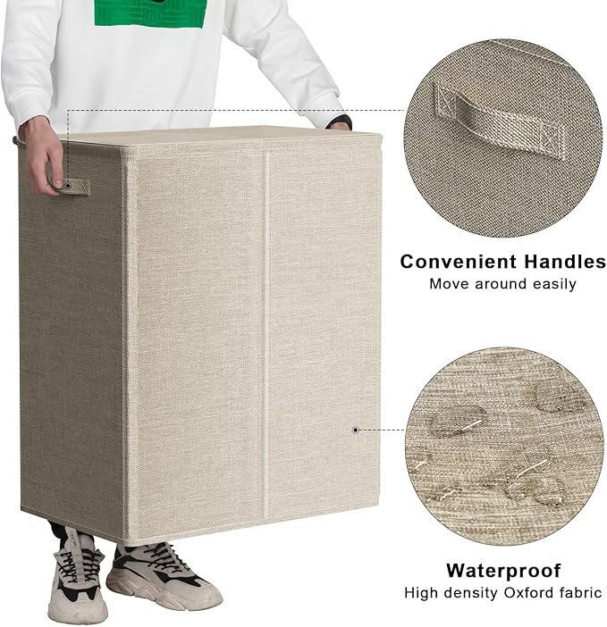 WOWLIVE 154L Double Laundry Hamper with Lid and Removable Laundry Bags, Large Dirty Clothes Hamper 2 section Collapsible Laundry Basket Dorm Room Storage for Bedroom, Bathroom, College,Wheat