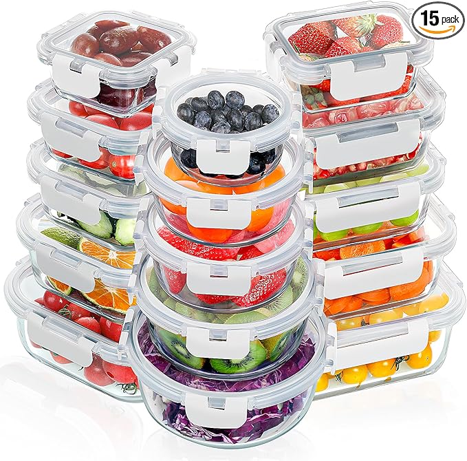 VERONES 30 Pieces Glass Meal Prep Containers Set, Stackable Food Storage Containers with Lids-Airtight Glass Lunch Containers，for Microwave, Oven, Freezer & Dishwasher,White
