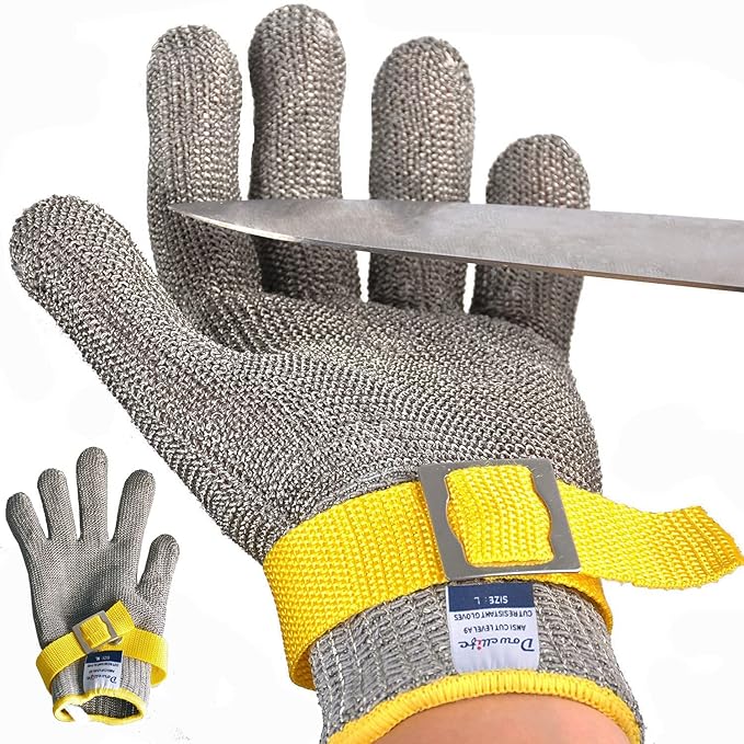 Dowellife ANSI A9 Cut Resistant Glove Food Grade, Stainless Steel Mesh Metal Knife Cutting Glove for Butcher Meat Cutting Oyster Shucking Kitchen Mandoline Chef Slicing Fish Fillet (X-Large)