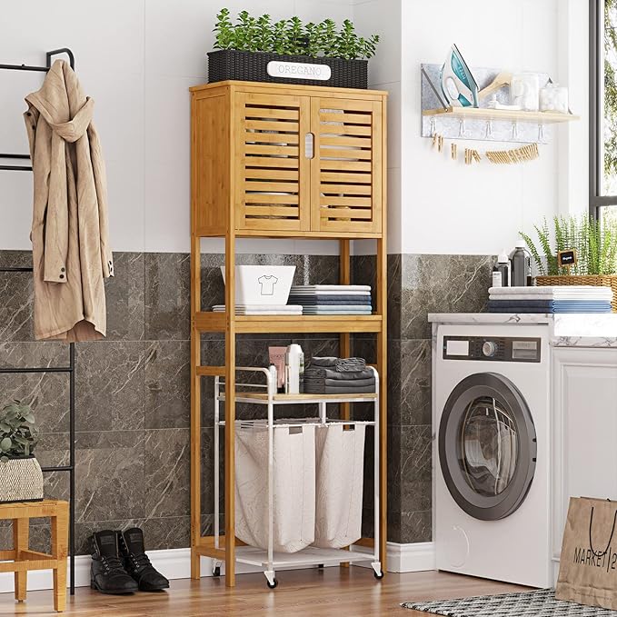 VIAGDO Over The Toilet Storage Cabinet, Tall Bathroom Cabinet Organizer with Cupboard and Adjustable Shelves, Freestanding Toilet Shelf Space Saver Rack Stand for Laundry Room, Balcony, Bamboo