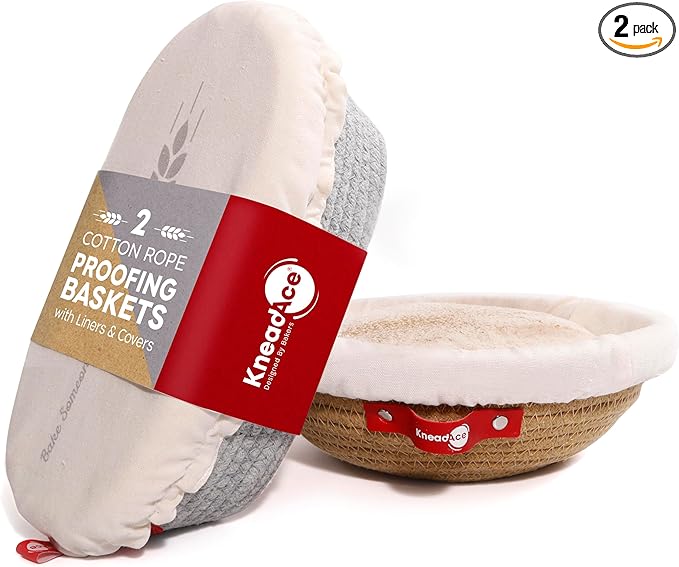 KneadAce Cotton Rope Banneton Bread Proofing Basket Set, 2 x Round Bread Basket with Liners & Covers for Artisan Bread Baking, Sourdough Bread Baking Supplies