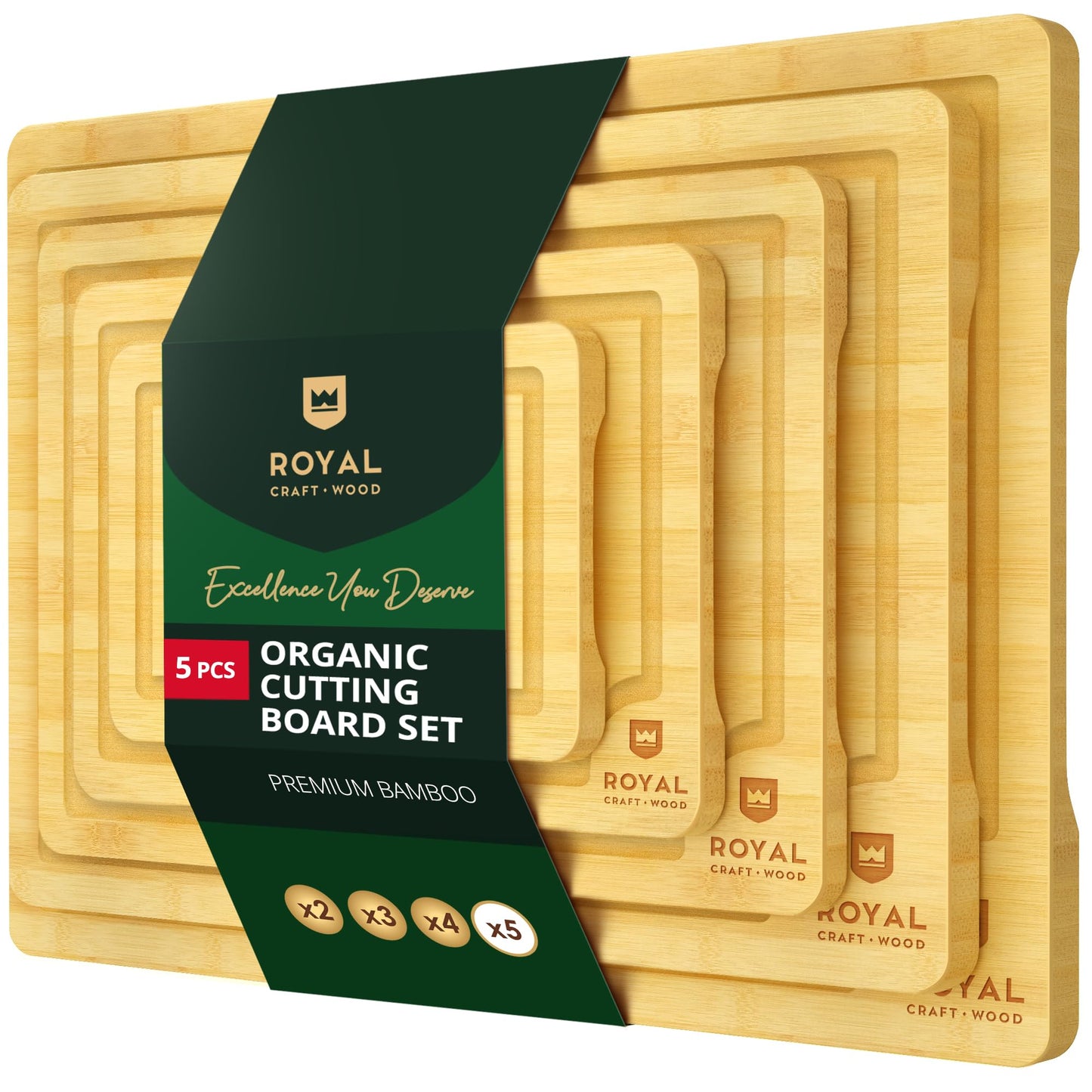 ROYAL CRAFT WOOD Wooden Cutting Boards for Kitchen Meal Prep & Serving - Bamboo Wood Serving Board Set with Deep Juice Groove Side Handles - Charcuterie & Chopping Butcher Block for Meat