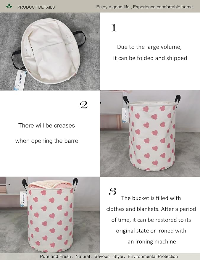 Round waterproof laundry basket,foldable storage basket,laundry Hampers with handle,gift basket,suitable for children's room and toy storage (Pink Hearts)