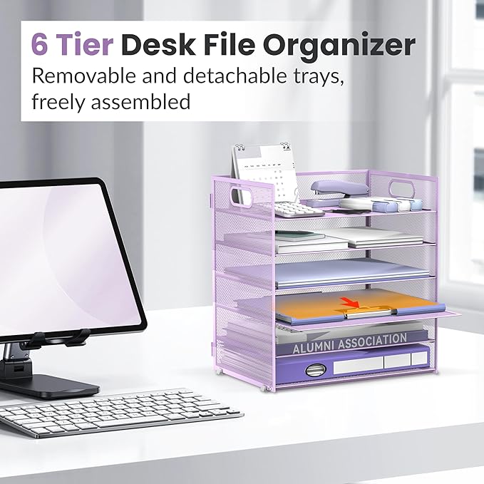 Daltack 6 Tier Paper Organizer for Desk, Paper Letter Tray Organizer for Desks, Mesh Desk File Organizers with Handle for Office, Home, School, Purple