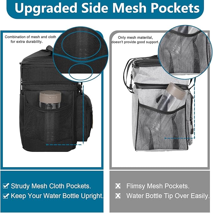 GLENKEY Double Deck Insulated Lunch Box, Expandable Large Lunch Bag Leakproof Cooler Bag Lunch Pail for Men Women Adults Work Shifts Travel Daytrip, Black