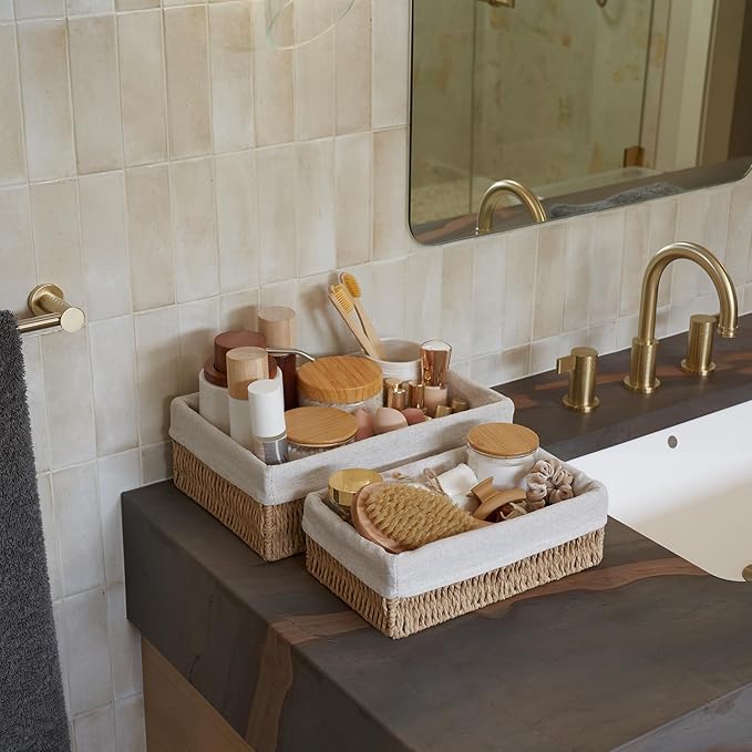 Beautiful Toilet Paper Storage Basket Set of 2 – Decorative Wicker Bathroom Organizer for Toilet Tank Trays - Quality Holder Bin for Shelves Fits Perfectly with Any Bathroom Decor