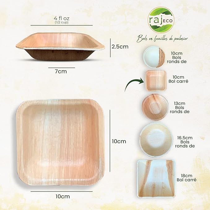 Raj Palm Leaf Disposable Heavy Duty 4" Square Bowls 50 Pack
