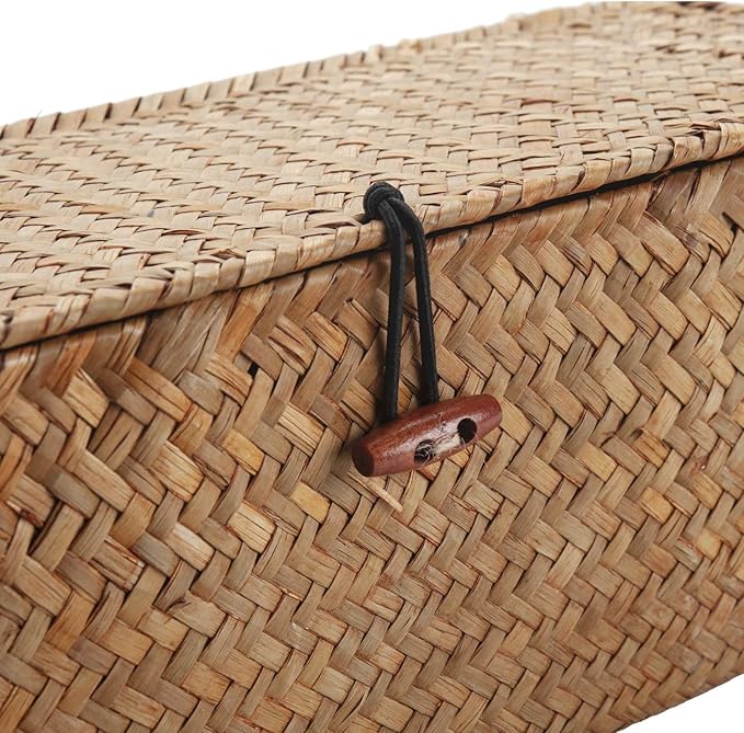 Seagrass Storage Basket for Bathroom - Toilet Tank with Lid, Wicker Woven Narrow Basket for Organizing (13" x 5" x 4.3")