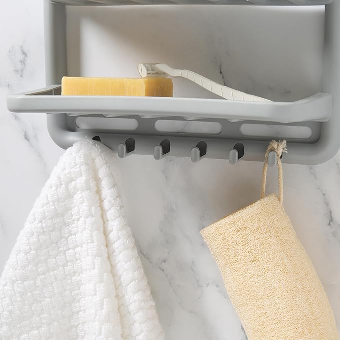Bath Bliss Molded Shower Caddy | Bathroom Storage | Hangs Over Shower Head | 6 Accessory Hooks | Holds Razors | Washcloths | Accessories | Suction Cup Stability | Grey