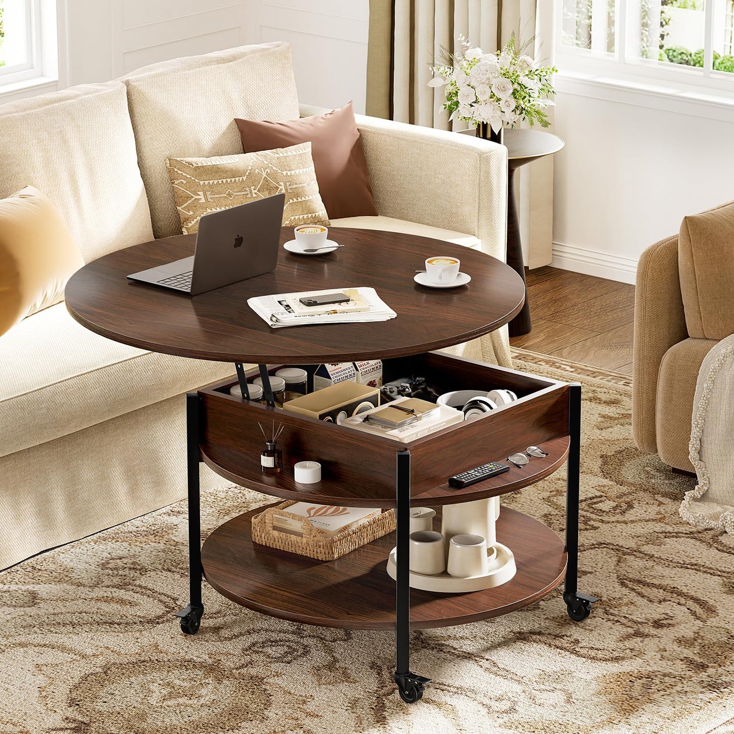 FABATO Round Lift Top Coffee Table With Wheels, 26.77'' Rolling Center Table With Storage and Compartment for Living Room, 2 Tier Small Circle Dining Table, Espresso