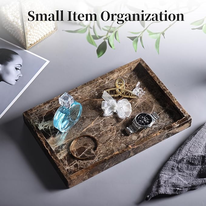 Real Natural Marble Tray for Bathroom, Genuine Marble Stone Vanity Tray, Luxury Storage Trays for Kitchen, Vanity, Home Decor, Dresser, Non-Resin/Non-Ceramic, 12"x 8"x 1.2", Dark Brown