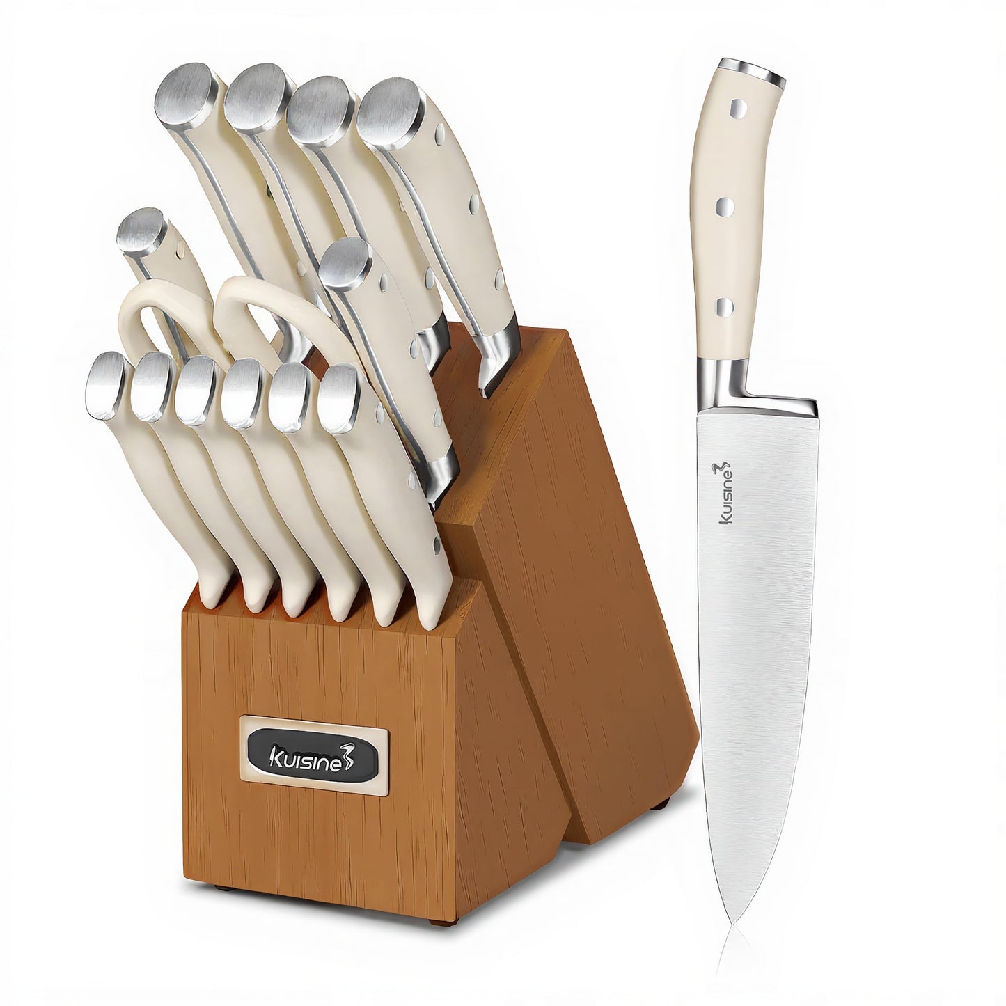 KUISINE Upgraded Chef Knife Set,High Carbon Stainless Steel Ultra Sharp Blade Ergonomic Handle,Kitchen Knife Block Set with Built-in Sharpener,Elegant Gift for Holiday(Silver Black,15PCS)