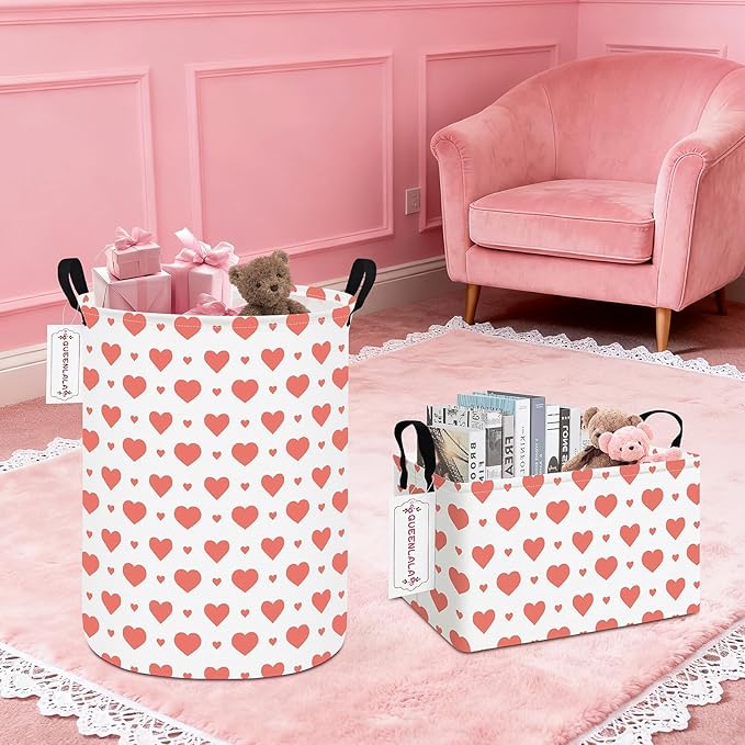 QUEENLALA Large Storage Basket,Laundry Hamper/Bathroom/Home Decor/Collapsible Round Storage Bin,Boys and Girls Hamper/Boxes/Clothing(Round-Pink Heart)