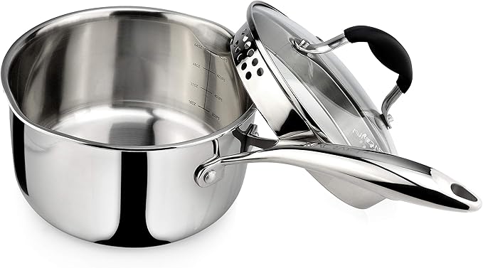 AVACRAFT Tri-Ply Stainless Steel Saucepan with Glass Strainer Lid, Two Side Spouts, Ergonomic Handle, Multipurpose Sauce Pan with Lid, Sauce Pot, Cooking Pot (Tri-Ply Full Body, 1.5 Quart)