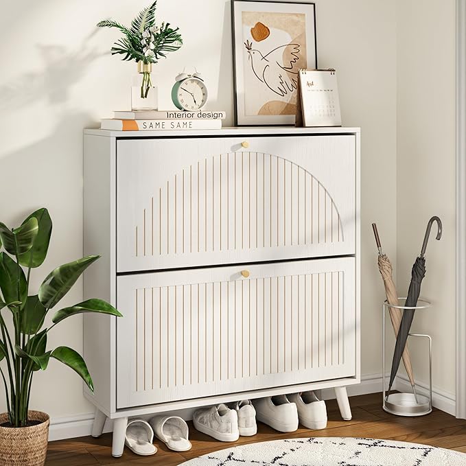 Shoe Storage Cabinet for Entryway with 2 Flip Drawers, Narrow Wood Shoe Cabinet with Fluted Panel, Freestanding Hidden Shoe Organizer for Foyer, Hallway (White - with Shelf)
