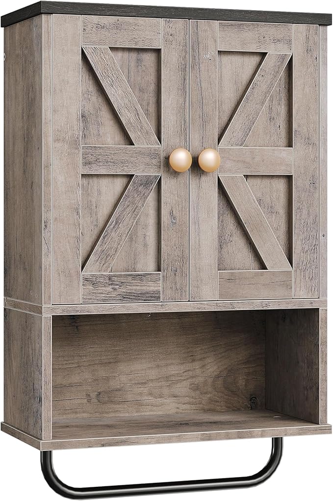 Bathroom Wall Cabinet, Medicine Cabinet with Open Partition and Towel Bar, Rustic Storage Cabinet with Open and Hidden Storage Space, for Bathroom, Living Room, Greige and Charcoal Black