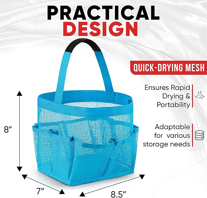 Masirs Shower Caddy Mesh - 9 Pocket Portable Bathroom Organizer Tote for Travel, Gym & Dorm - Collapsible Small Shower Caddy Bag to Hold Toiletries & Essentials (Blue)