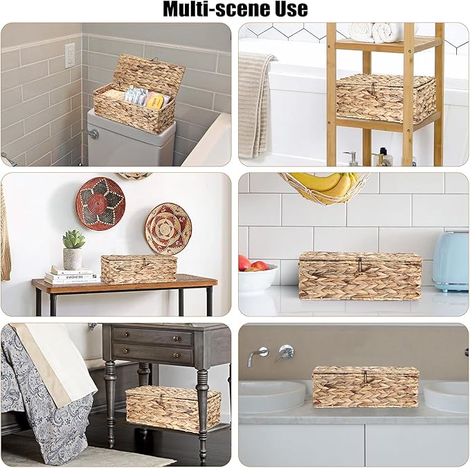 Sumnacon Wicker Storage Basket with Lid Rectangle Wicker Basket with Lid for Toiletries Tampon Storage,Toilet Tank Topper Basket Water Hyacinth Storage Baskets for Shelf Bathroom Toilet Table
