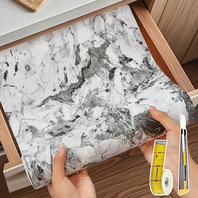 Drawer and Shelf Liner for Kitchen Cabinet: 17 in X 20 Ft Non Slip Waterproof Shelf Paper Non Adhesive Refrigerator Liners Grey and White Marble Easy Liners for Bathroom with Knife Tape Measure