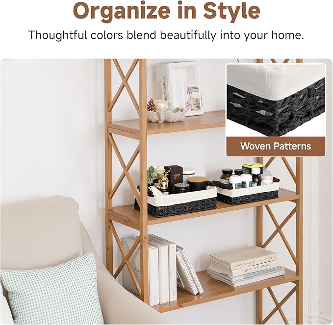 StorageWorks Small Baskets for Organizing with Wooden Handles and Liner, Wicker Toilet Paper Baskets for Back of Toilet Basket, Black Paper Rope Bathroom Basket Organizer and Storage for Decor, 2 Pack