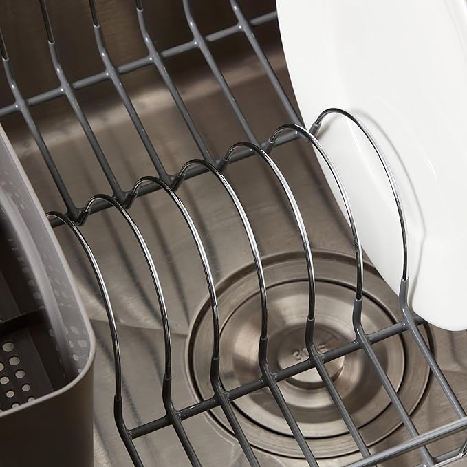 2-Piece Dish Drying Rack & Cutlery Holder Set - Compact Sink-Fitting Dish Drainer with Rubberized Undercoating, Space-Saving Kitchen Organizer for Plates, Cups, Bowls & Utensils, Gray (Pack of 2)