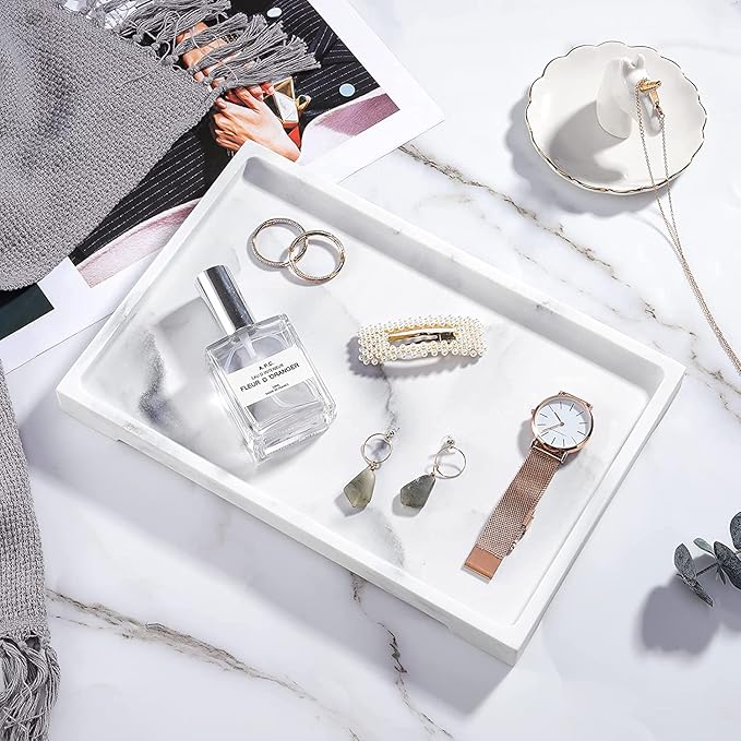 Luxspire Vanity Tray, Bathroom Tray Toilet Tank Storage Tray, Resin Kitchen Sink Serving Trays, Vanity Countertop Organizer for Candles Towel Perfume Holder Dish, Marble Style -Large- Gravel White