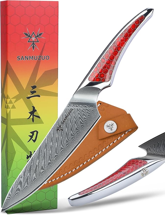 SANMUZUO 8 inch Chef Knife, Japanese VG-10 Damascus Steel Kitchen Knife, Ultra Sharp Cooking Knife with Full-tang Handle in Red Resin, LA-S9 Series