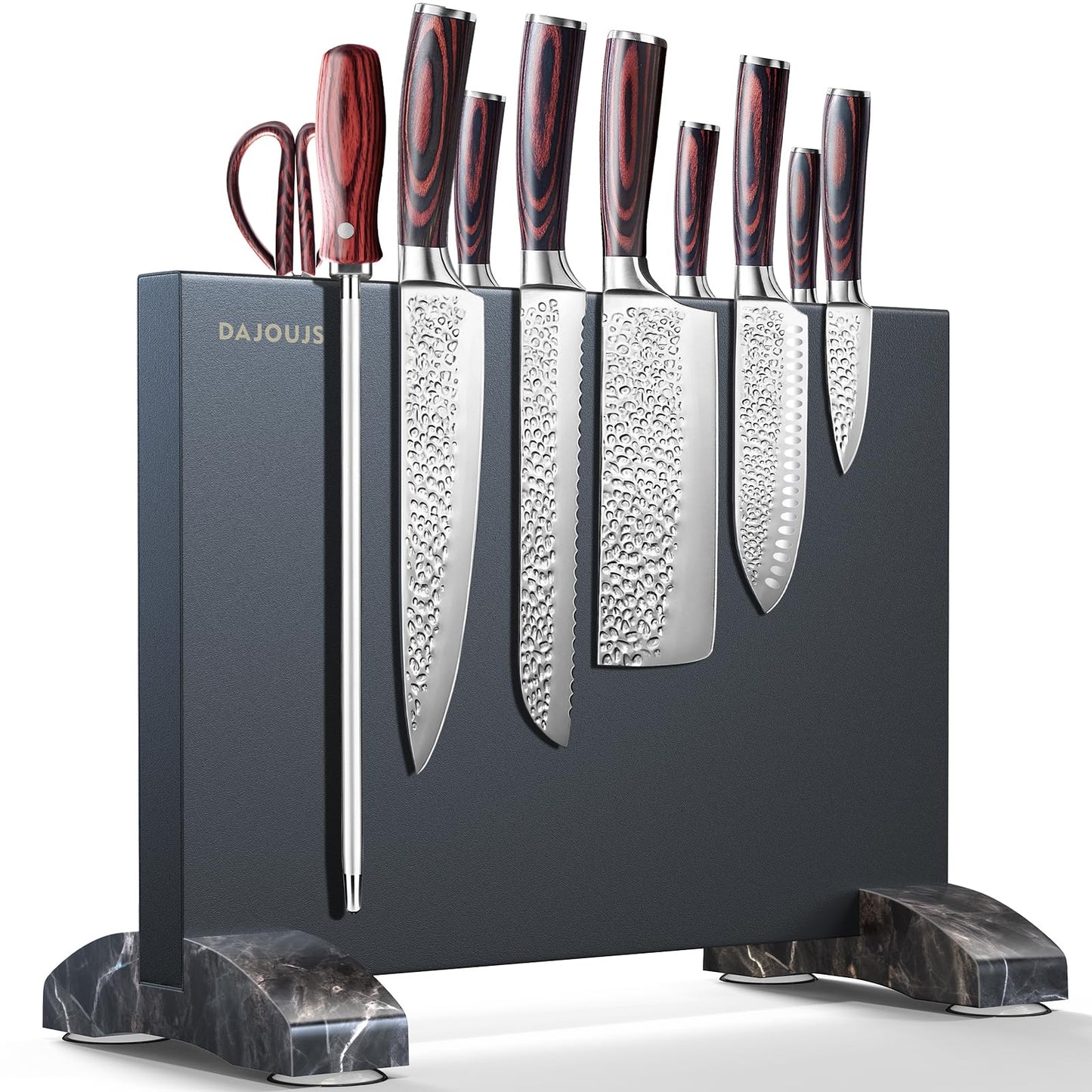 Magnetic Knife Holder, Stainless Steel Magnetic Knife Block without Knives, Strong Double Sided Magnet Knife Storage Strip with Wood Base for Kitchen Counter-Silver