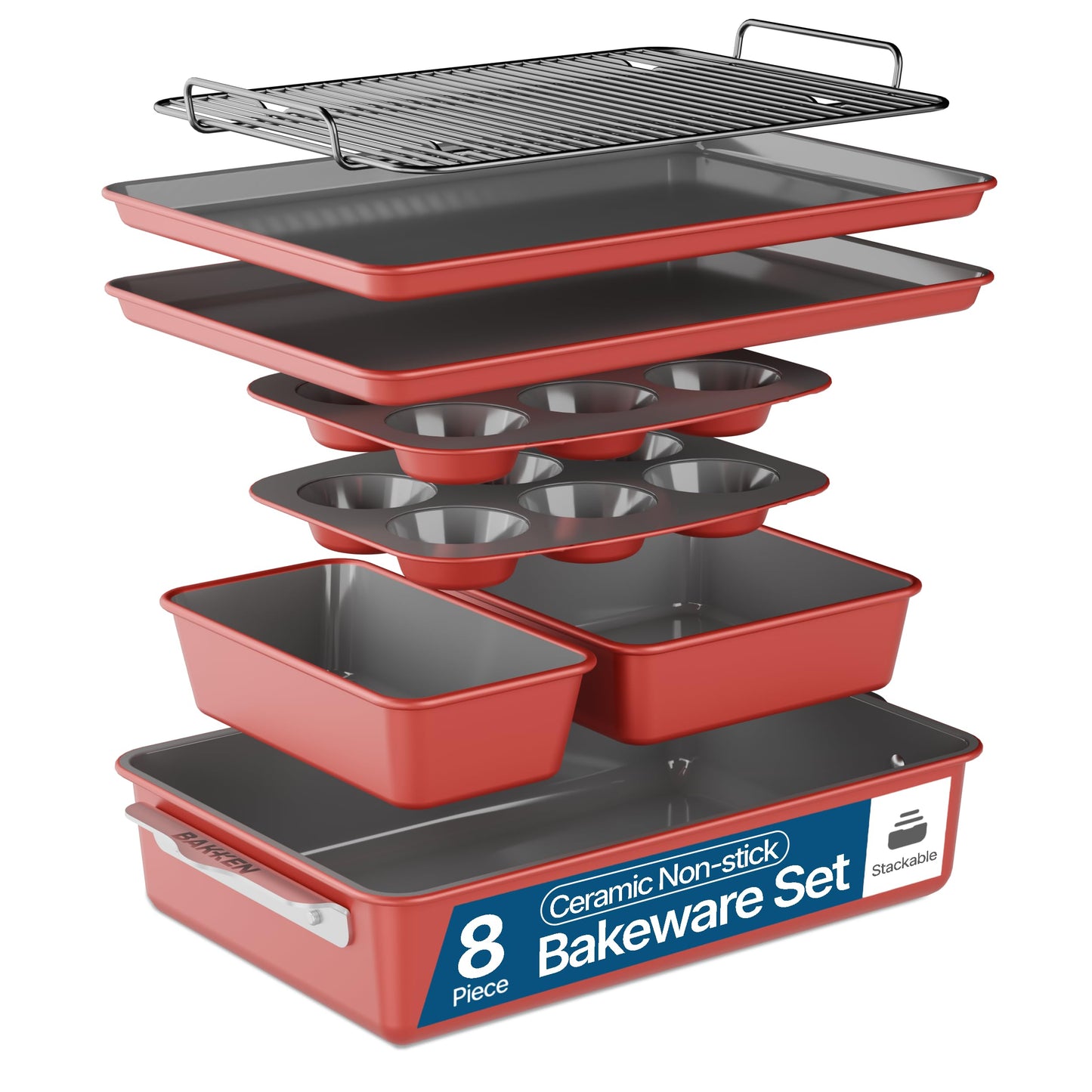 Bakken 8-Piece Ceramic Coated Bakeware Sets, Nonstick Aluminized Steel Pans with Muffin, Loaf, Cake, Roasting Pan, & Cooling Rack, Oven Safe Up To 500°F, Dishwasher Safe, BPA, PTFE & PFAS Free, Green