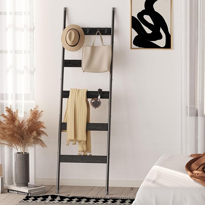 Blanket Ladder, 5-Tier Towel Holder with 4 Removable Hooks, Farmhouse Wall Leaning Decorative Rack Shelf, Wooden Towel Display Rack, Quilt Ladder for Living Room, Bedroom, Black