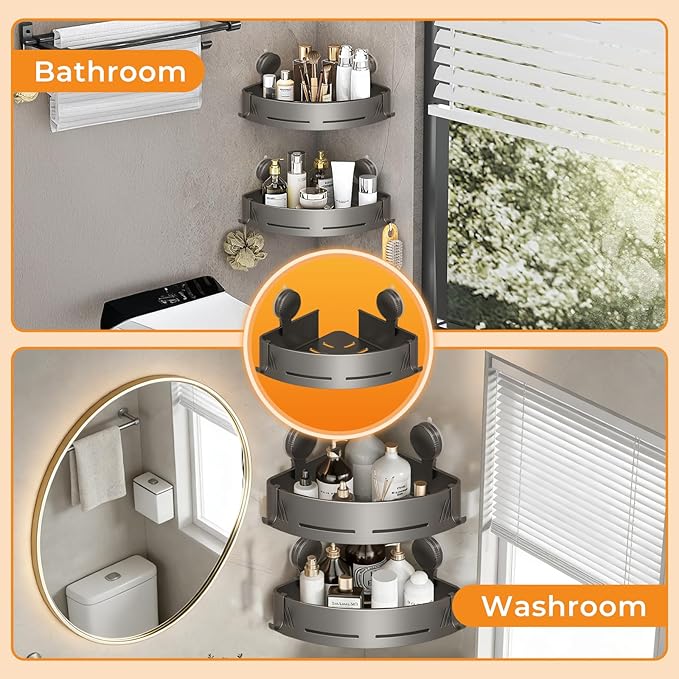 2-Tier Aluminum Suction Cup Corner Shower Caddy, Rustproof No Drilling Bathroom Corner Storage Shelf