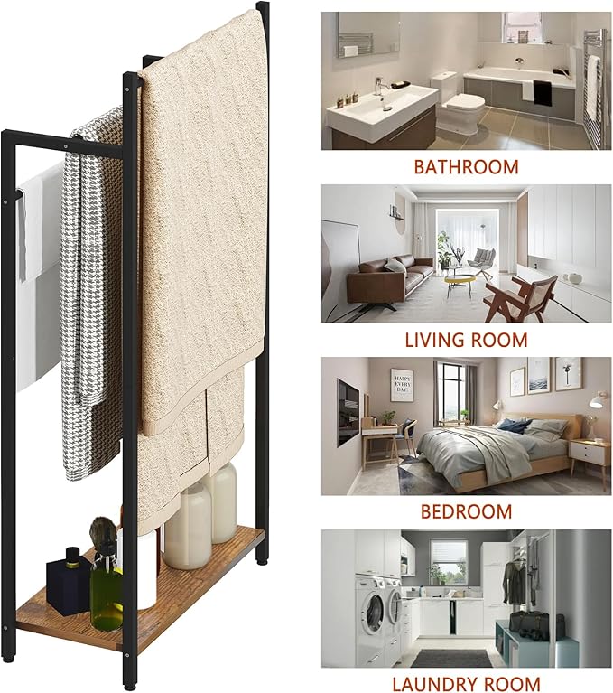 Freestanding Towel Rack, 3 Tier Blanket Ladder Stand with Rustic Brown Wooden Shelf for Bathroom Living Room (31.5”H x 16.9”W x7.9”D)