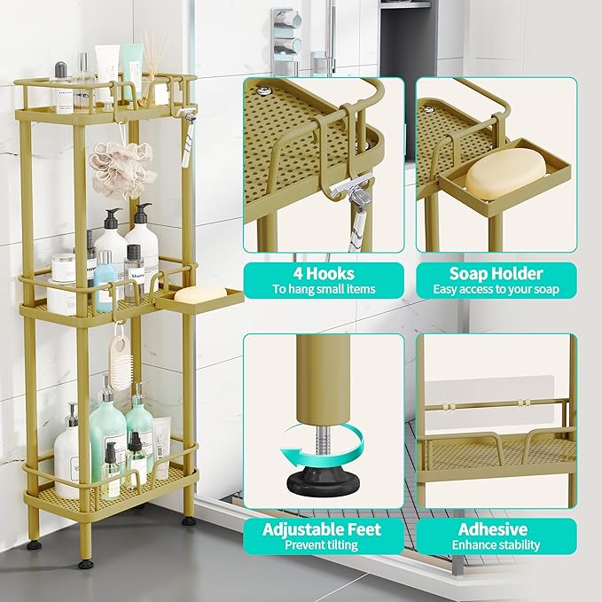 HapiRm Standing Corner Shower Caddy - 3 Tier Corner Shower Organizer with Soap Holder, Rustproof Stainless Steel Bathroom Shelf with 4 Hooks, Gold