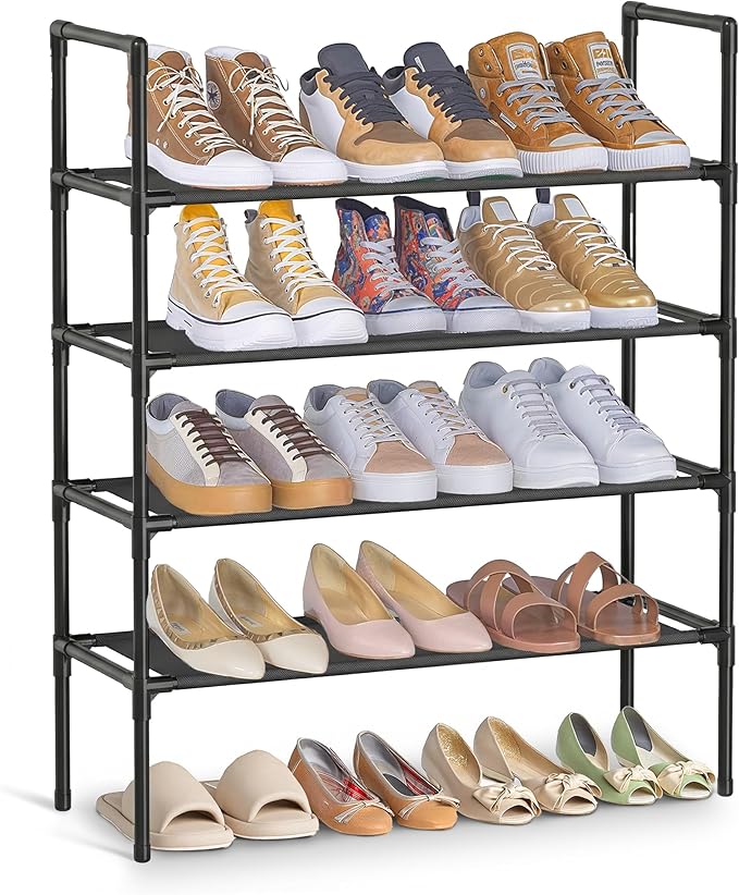 SONGMICS 4-Tier Shoe Rack, Shoe Storage for Hallway Closet, Slim and Space-Saving, Metal Frame, Non-Woven Fabric Shelves, Black ULSH044BH02